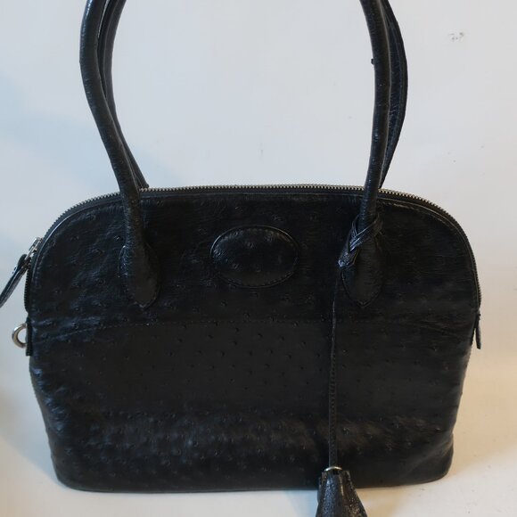 Womens Bloomingdale's Black Ostrich Embossed Satchel Shoulder Tote Handbag - Picture 2 of 16